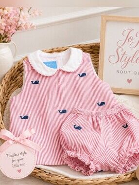 Anavini Hand Smocked 2-Piece Whale Seersucker Set 3M Red White